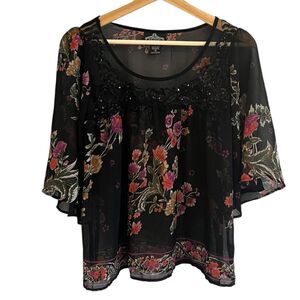 Angie Womens Black Sheer Floral Top Size S Sequins Whimsigoth Boho Fairy Flowy